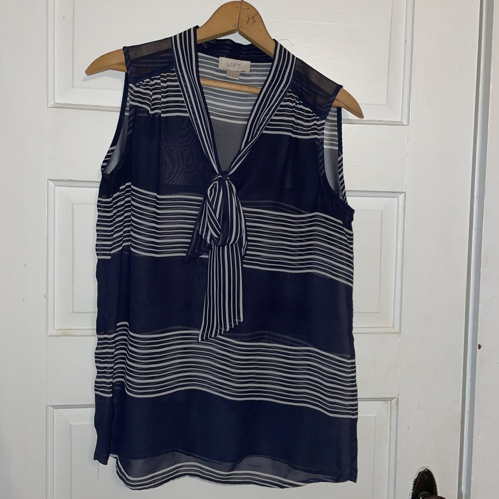 Ann Taylor Loft | Small Sleeveless Tank | Navy White Horizontal Stripes Nautical